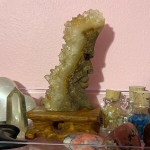 Crystal and stone moon Face Sculpture on Wooden Base